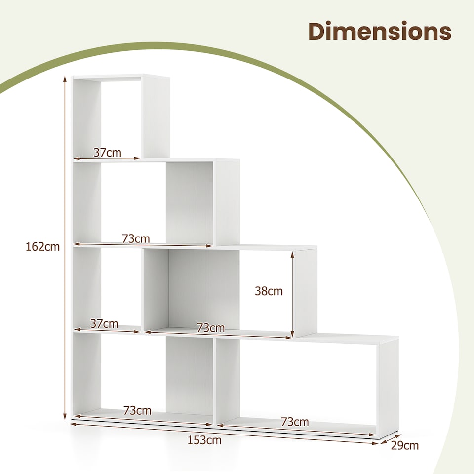 image 1 of COSTWAY 4 Tier Stepped Bookshelf Modern Ladder Bookcase 6 Storage Cubes White