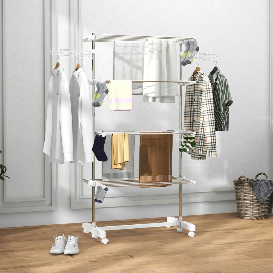 image 1 of HOMCOM 4-Tier Large Clothes Airer Stainless Steel Clothes Drying Rack White