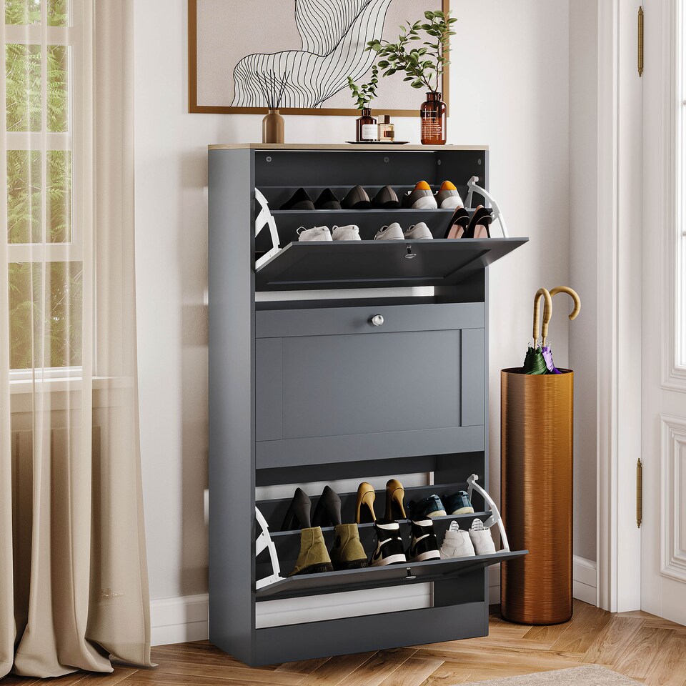 image 1 of Vida Designs 3 Drawer Hallway Shoe Storage Cabinet Unit Compact Design - Grey & Oak