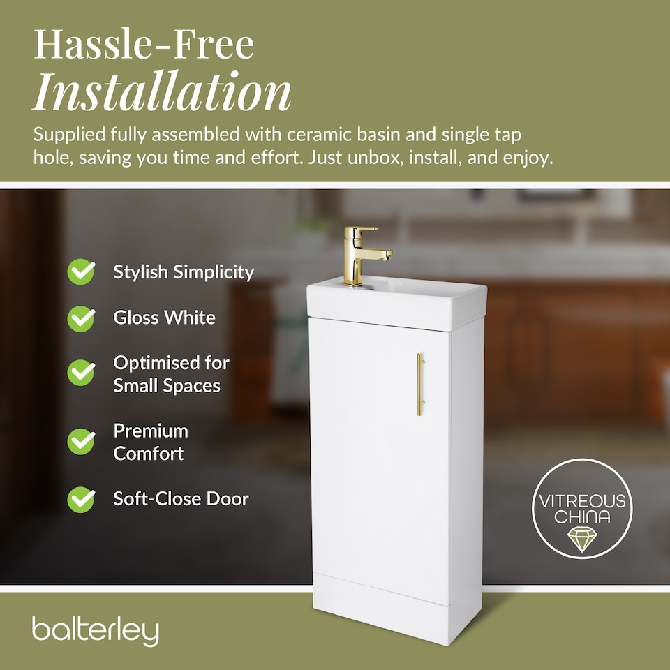 image 1 of Wall Hung Vanity Basin 400mm Gloss White & Brushed Brass Handle | White | Gloss White | 781 x 400 x 222mm