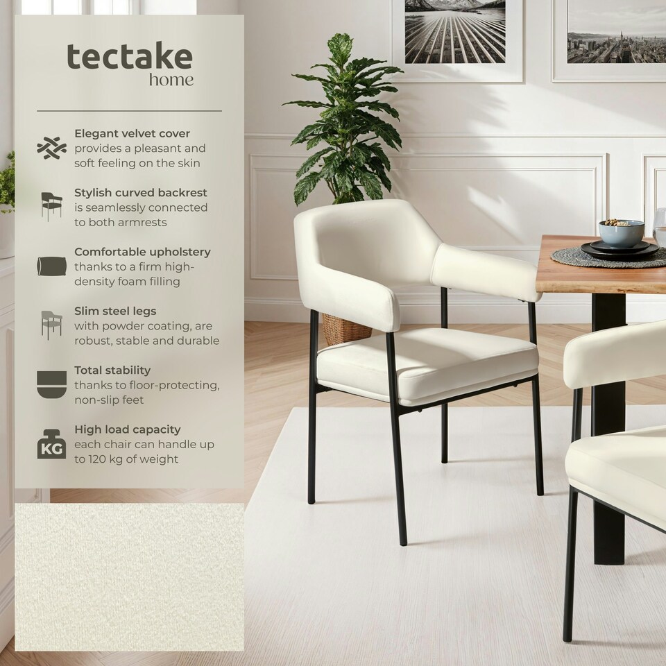 image 1 of Armchair Doe - durable fabric, black powder-coated legs, 120 kg load, 58 x 62 x 85 cm - Set of 4 White | Velvet Look Off-White