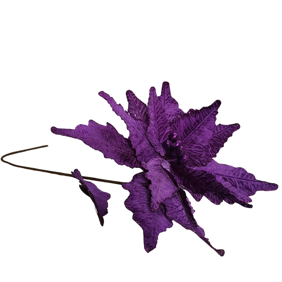 image 1 of 76cm Purple Velvet Poinsettia Stem with Glitter Christmas Decoration