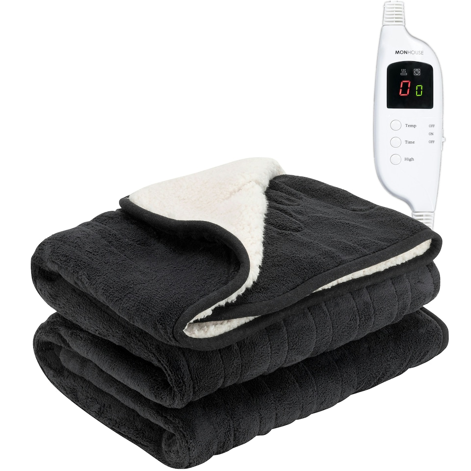 image 1 of MONHOUSE Heated Throw - Electric Blanket - Digital Controller - Timer up to 9 hours, 9 Heat Settings - Machine Washable - Single 130X160cm - BLACK SHEARLING