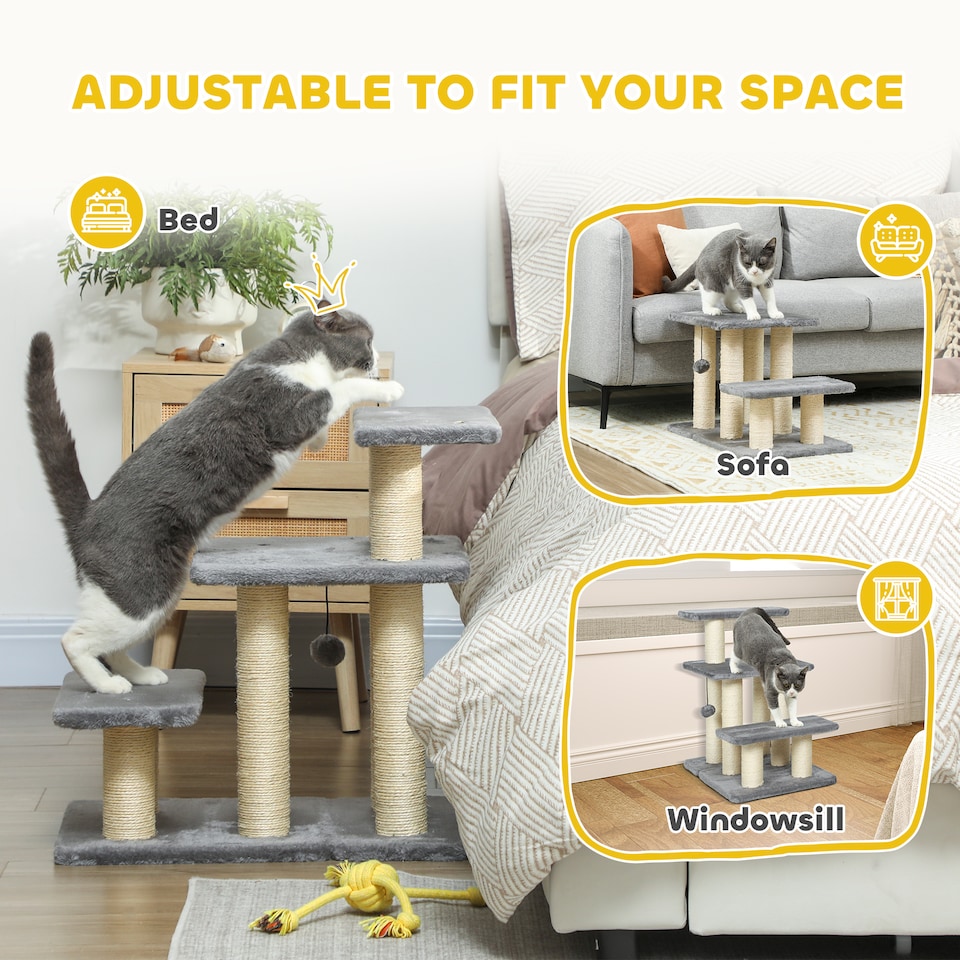 image 1 of PawHut 3 Step Pet Stairs with 6 Sisal Scratching Posts, Grey