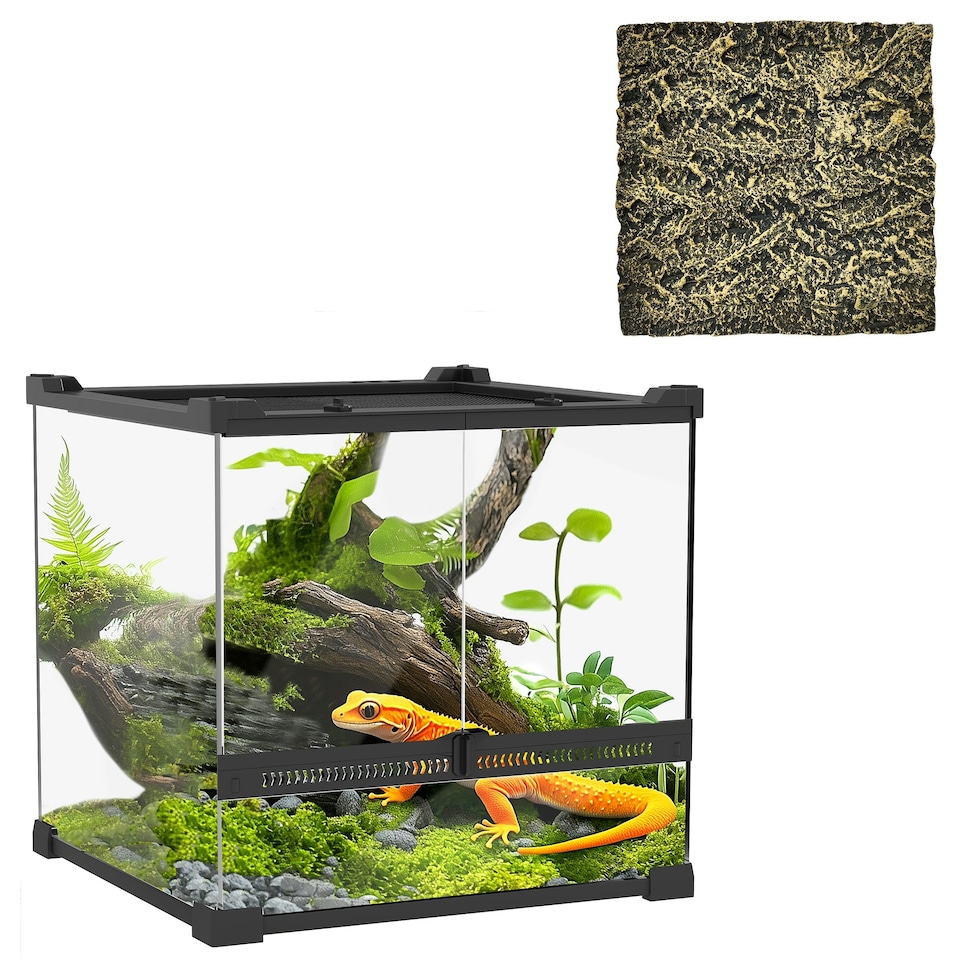 image 1 of PawHut 24L Glass Terrarium, Reptile Vivarium with Stone Background, Black