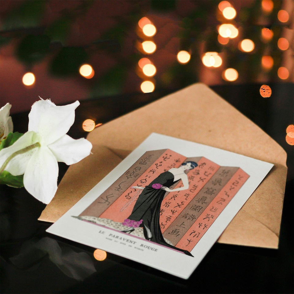 image 1 of George Barbier Art Card The Red Paravan Vintage Fashion Advert