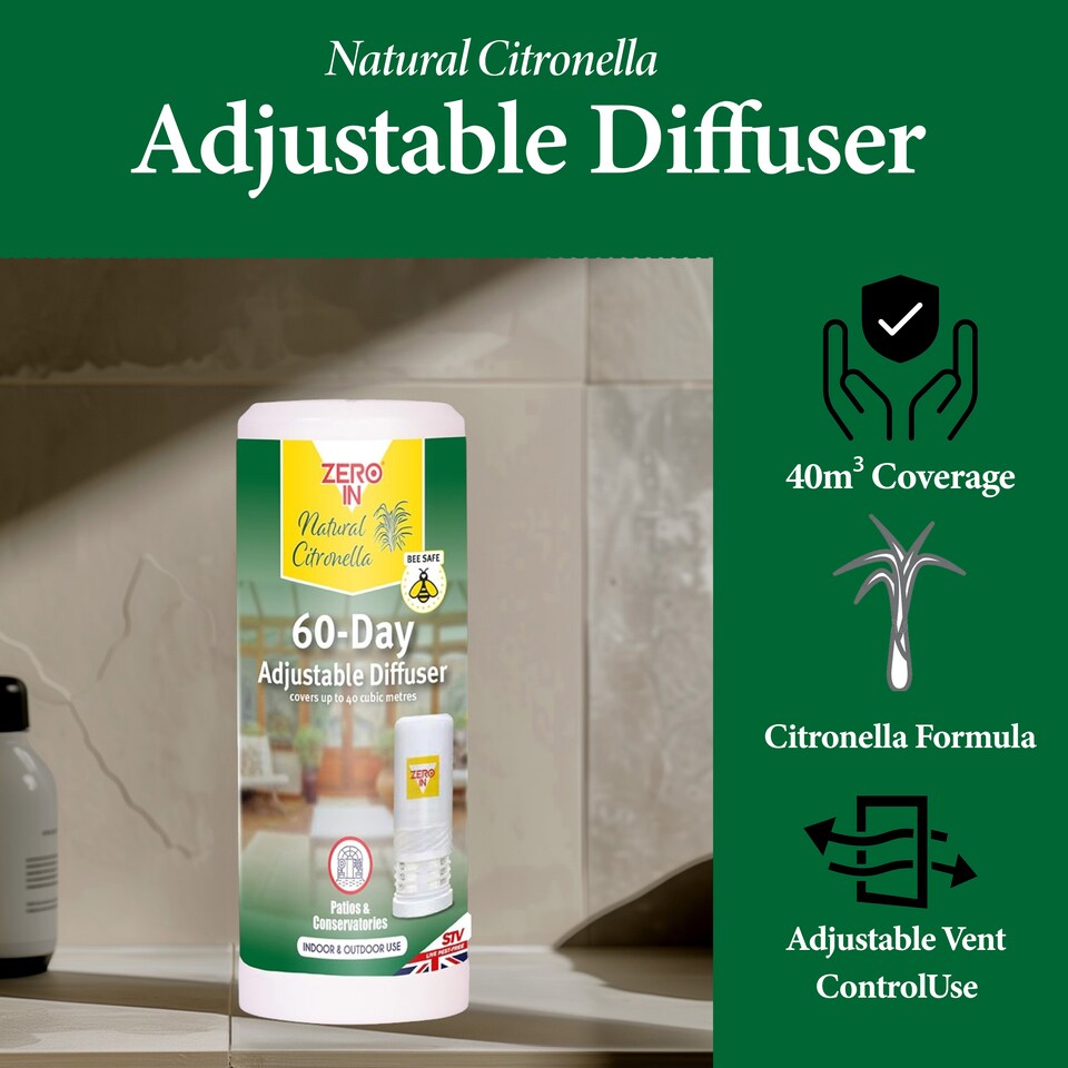 image 1 of Zero In 60 Day Citronella Diffuser Adjustable Release Portable Insect Repellent Air Freshener Indoor Outdoor 40m3 Travel Pack of 6