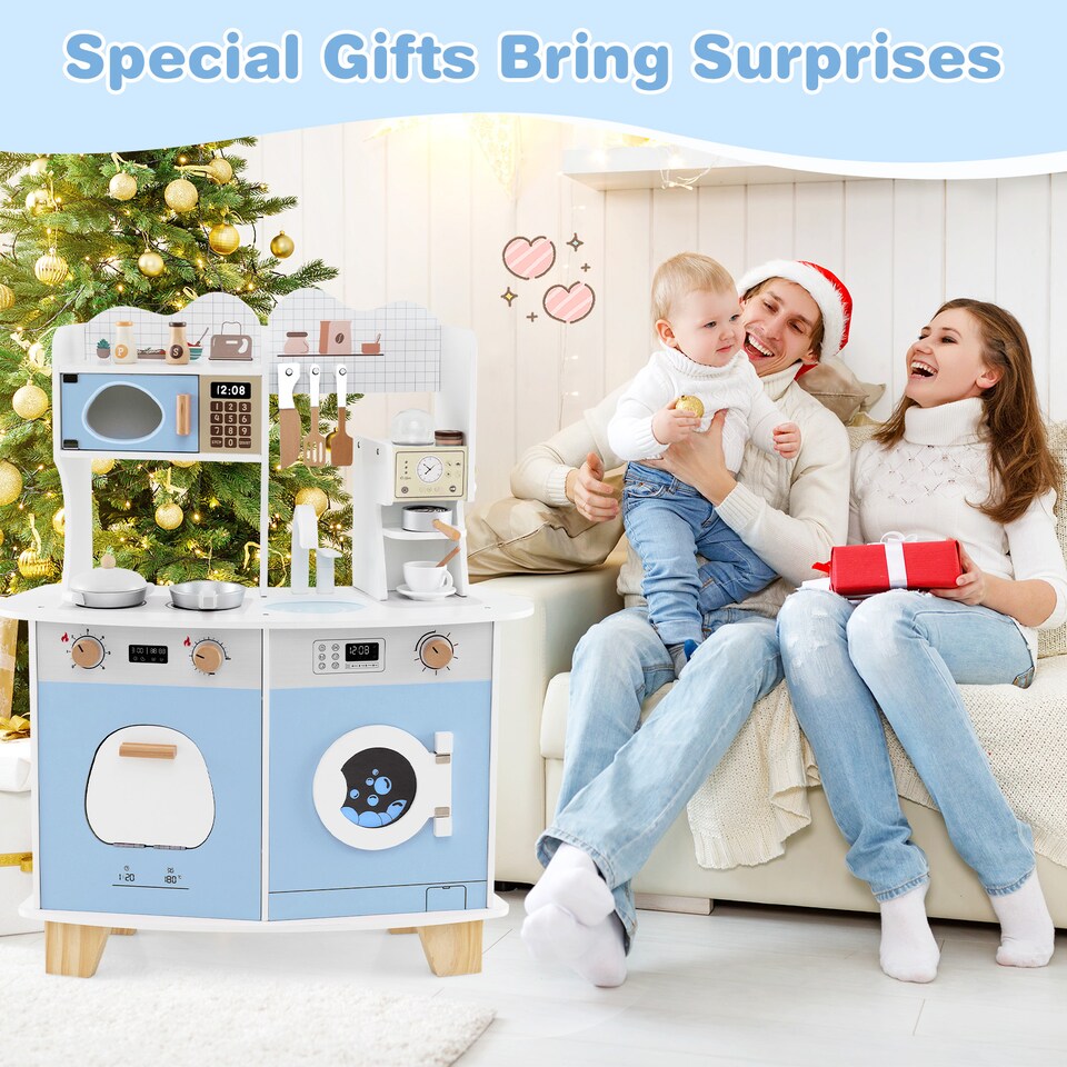 image 1 of COSTWAY Wooden Kids Kitchen Playset Pretend Play Kitchen With  Coffee Maker-Blue