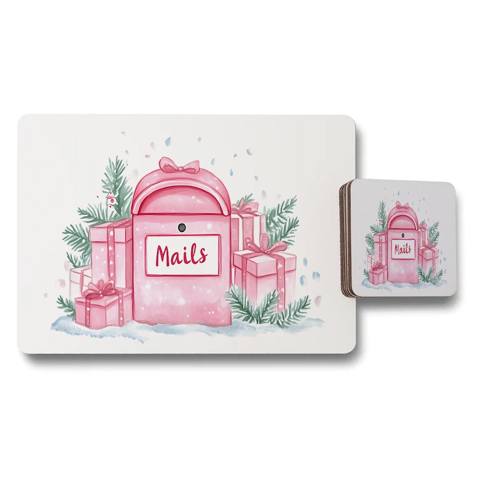 image 1 of Pink Christmas Mailbox Placemat And Coaster Set With Gift Boxes