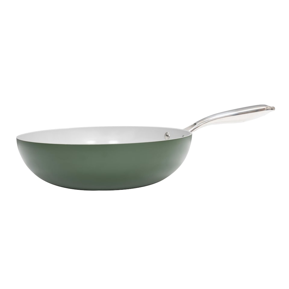 image 1 of Prochef 28cm Green Ceramic-Coated Aluminium Wok | Green | Olive Green | 28 cm