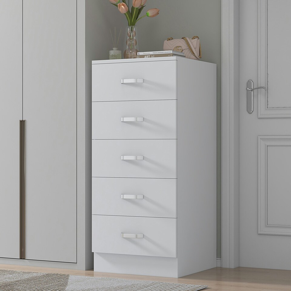 image 1 of FWStyle Tunis 5 Drawer Tallboy Slim Chest Of Drawers - Matt White