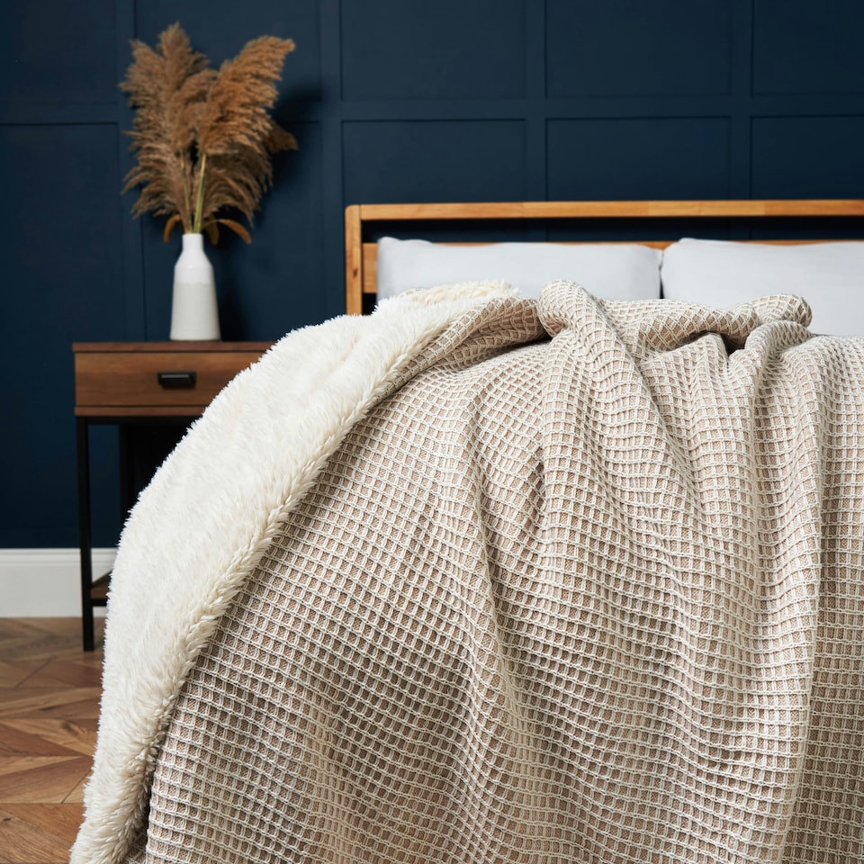 image 1 of BHS Knitted Waffle Throw with Sherpa, Natural Cream | Natural