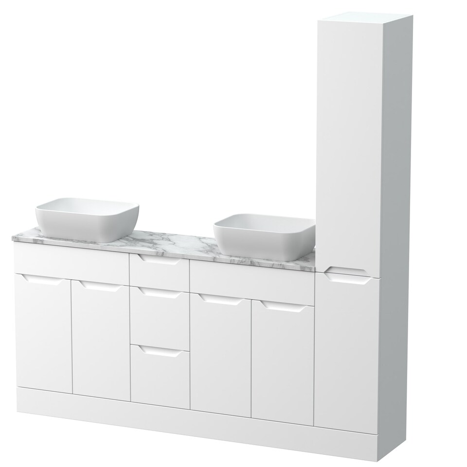 image 1 of Balterley Teddesley Floor Standing 4 Door 3 Drawer Vanity Combination Unit with Tall Unit, Laminate Worktop and Countertop Vessel, 1800mm, Matt White