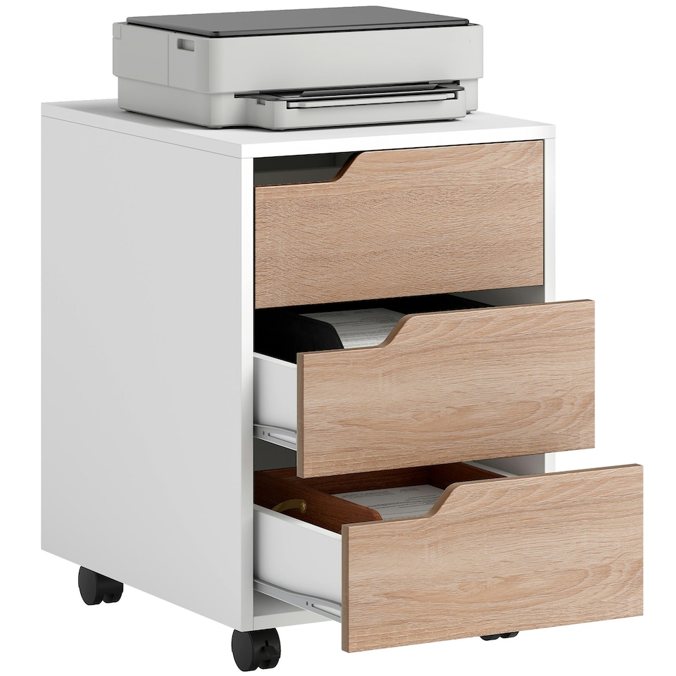 image 1 of MDF Mobile File Cabinet w/ 3 Drawers Locking Wheels Metal Rails Oak Tone White