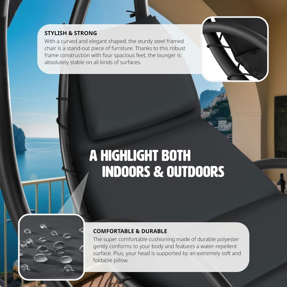 image 1 of Hanging Chair Elaria - large sun canopy with UV-protection, sturdy Black