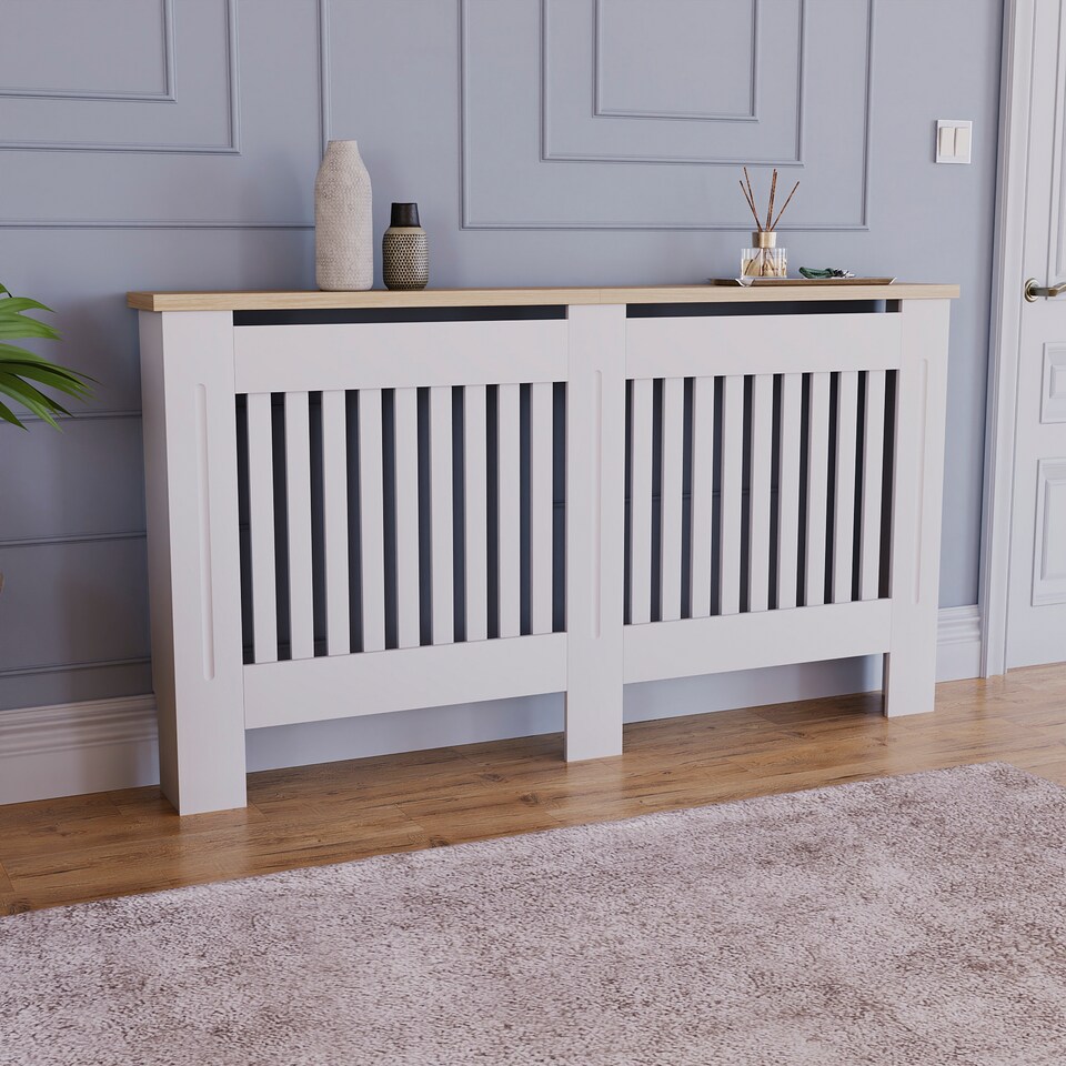 image 1 of Vida Designs Arlington Radiator Cover Painted MDF Slatted Cabinet, White, 152cm