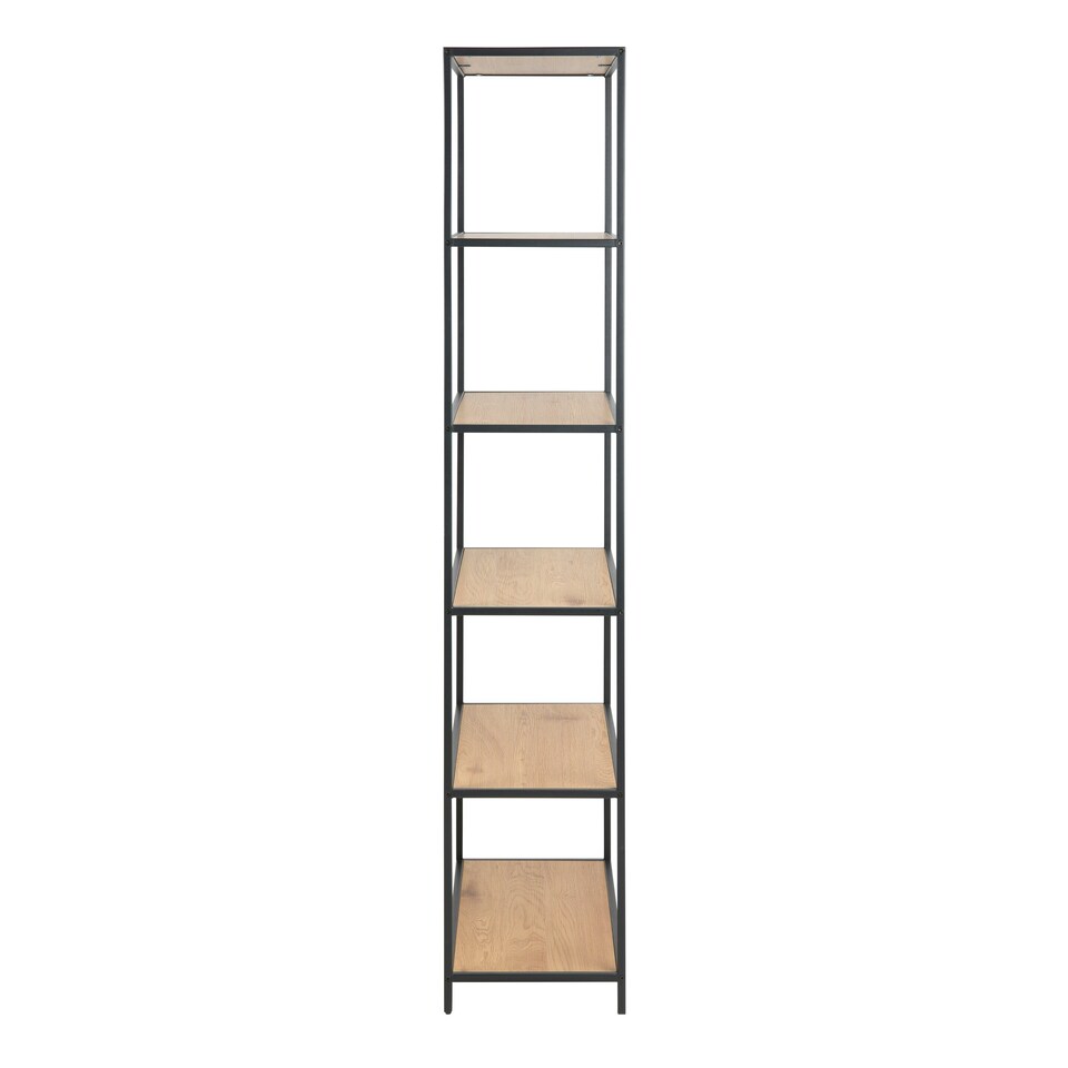 image 1 of Seaford Tall Black Metal Bookcase with 5 Shelves in Oak