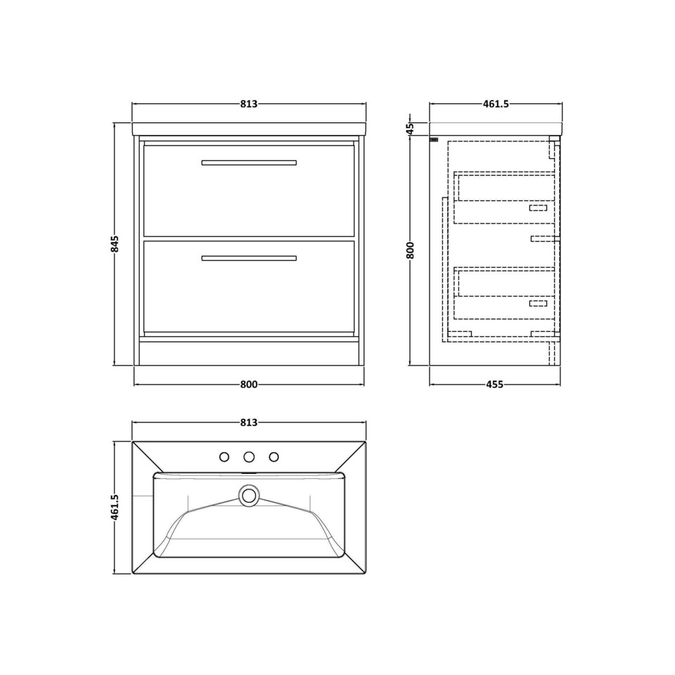 image 1 of Balterley Longnor 2 Drawer Floor Standing Vanity Unit with 3 Tap Hole Modern Fireclay Basin, Woodgrain Graphite Grey, 800mm