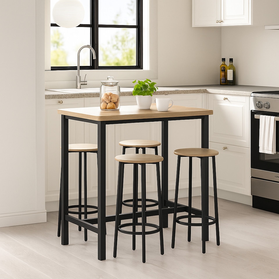 image 1 of CANCUN Bar Table & Stools Set Kitchen Dining Breakfast Industrial Furniture | Multi | 5 Piece Oak
