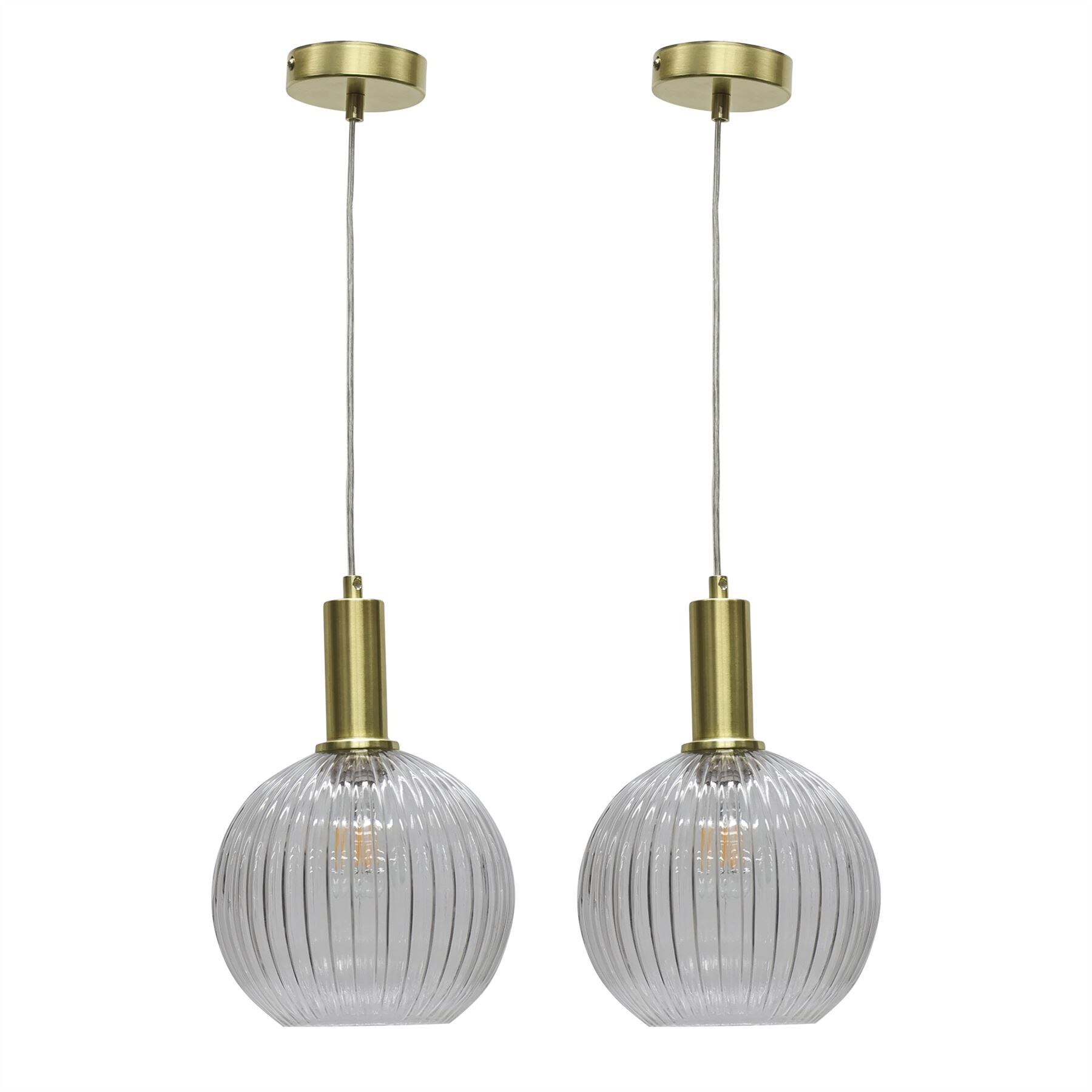 Set of 2 Betchley - Clear Ribbed Glass Globe Satin Brass Deco Pendants