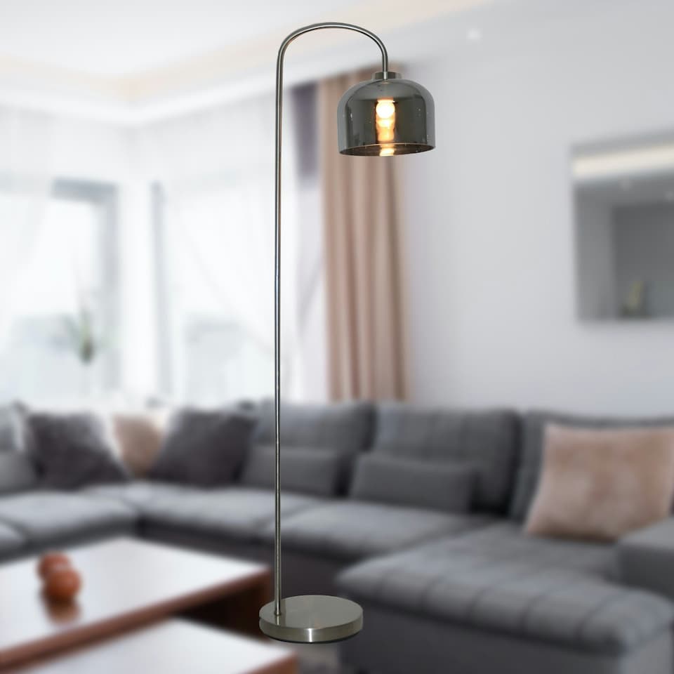 image 1 of Francine - Satin Nickel Arched Floor Lamp with Smoke Glass Shade Silver | Grey