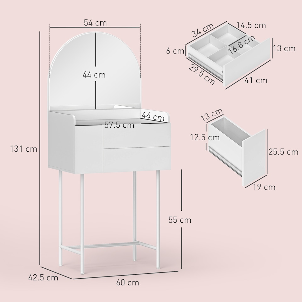 image 1 of HOMCOM Modern Dressing Table with Arched Mirror, Makeup Table with 3 Drawers, Compact Vanity Desk for Bedroom, Small Spaces, 60 x 42.5 x 131 cm, White