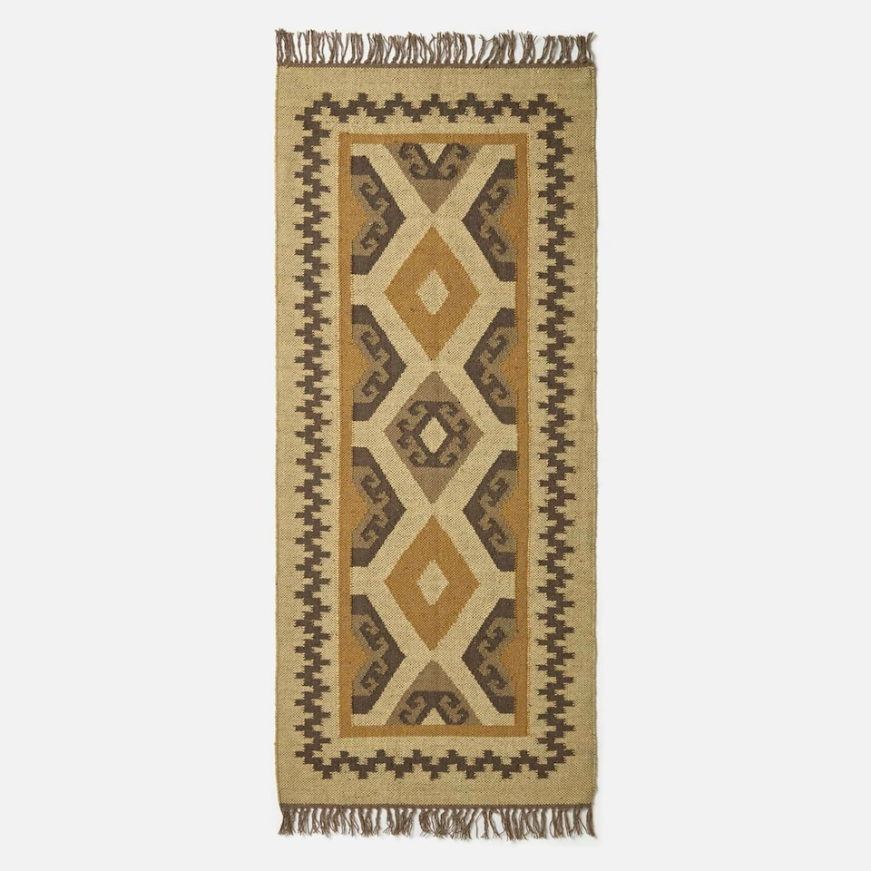 image 1 of Homescapes Ravar Brown and Gold Kilim Runner Wool Rug - 80 x 180 cm | Brown | 80 x 180 cm