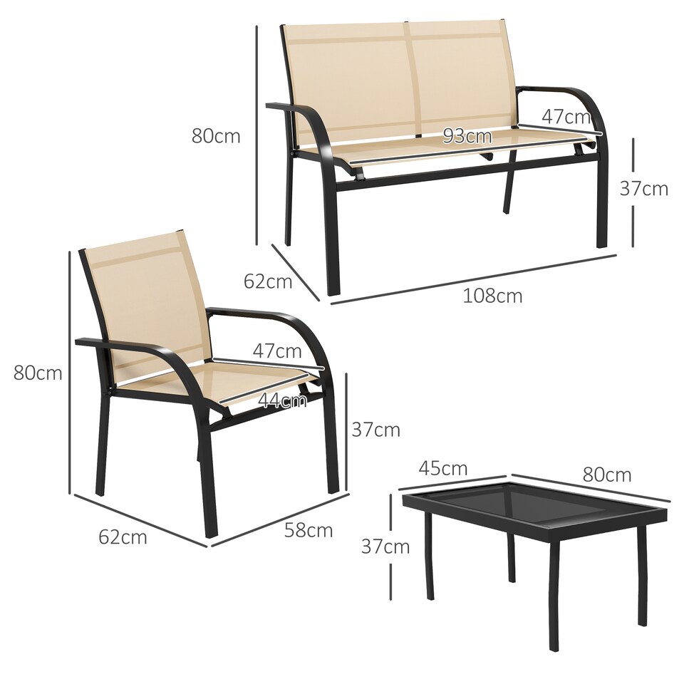 image 1 of Outsunny 4 Pcs Curved Steel Outdoor Furniture Set w Loveseat, 2 Texteline Seats, Glass Top Table Garden Balcony Patio Furniture For Family Party Events Guests Beige