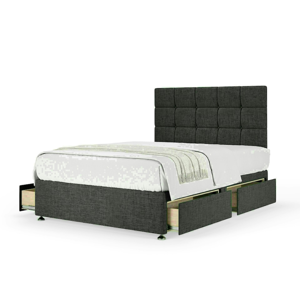 Charcoal Linen 4 Drawer Divan Base and Pearl Headboard King Size