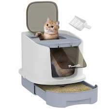 PawHut Cat Litter Box, Hooded Cat Litter Tray with Lid, Scoop Grey | One Size