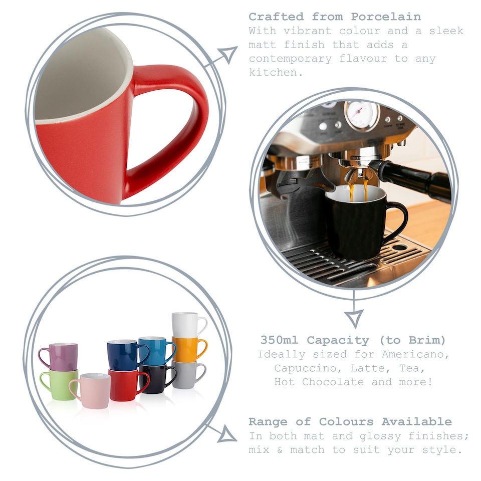 image 1 of Argon Tableware Matt Coloured Coffee Mugs - 350ml - Lancashire - Pack of 6 | Multi | Black Red Grey | 6