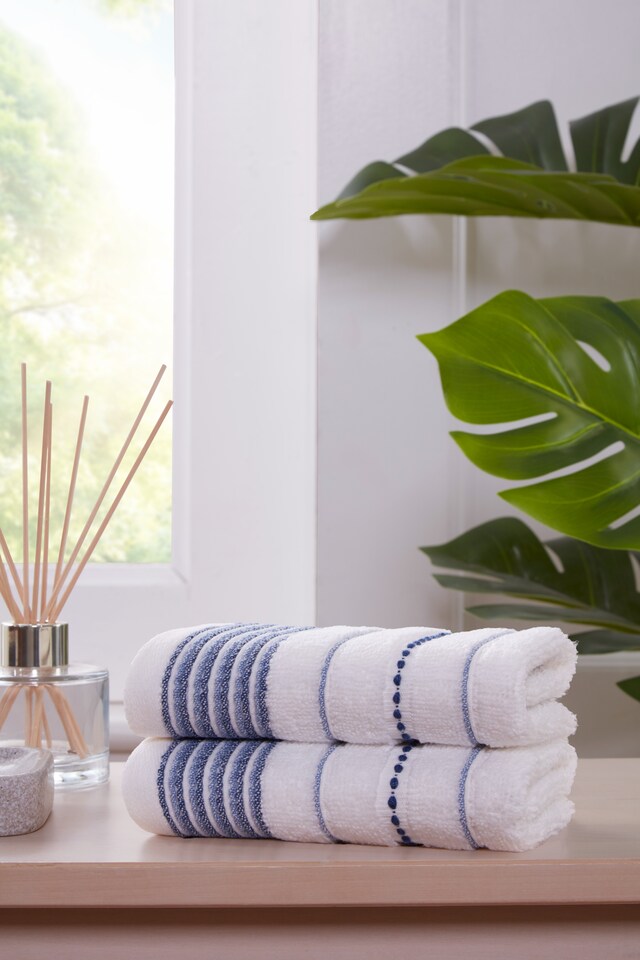 image 1 of Dakota Stripe Pure Cotton Face Cloth Towels Set Of 4 | Blue | Face cloth | 4