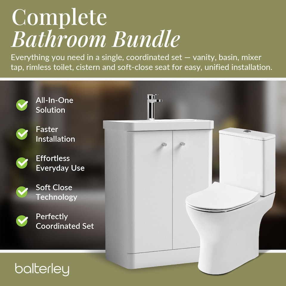 image 1 of Floor 2 Door Bathroom Vanity Unit, Tap & Toilet Pack, White, 579mm | White | Satin White