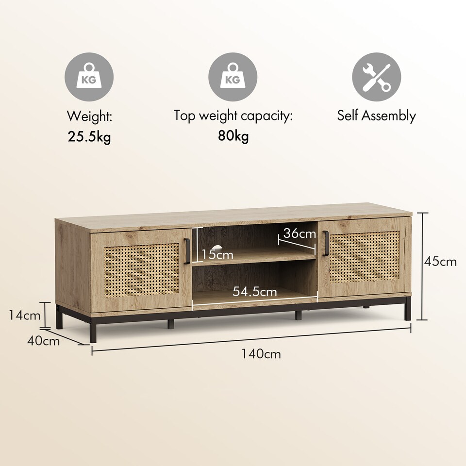 image 1 of Vonhaus Lena Rattan Effect TV Stand with 2 Open Shelves for Living Room