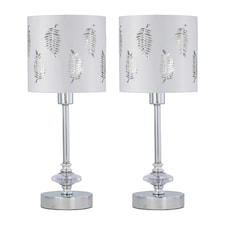 Set of 2 Chrome Jewelled Table Lamps with White Fern Shades Chrome | White