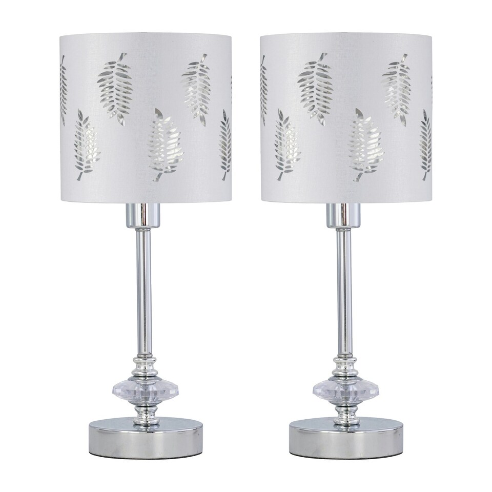 image 1 of Set of 2 Chrome Jewelled Table Lamps with White Fern Shades Chrome | White