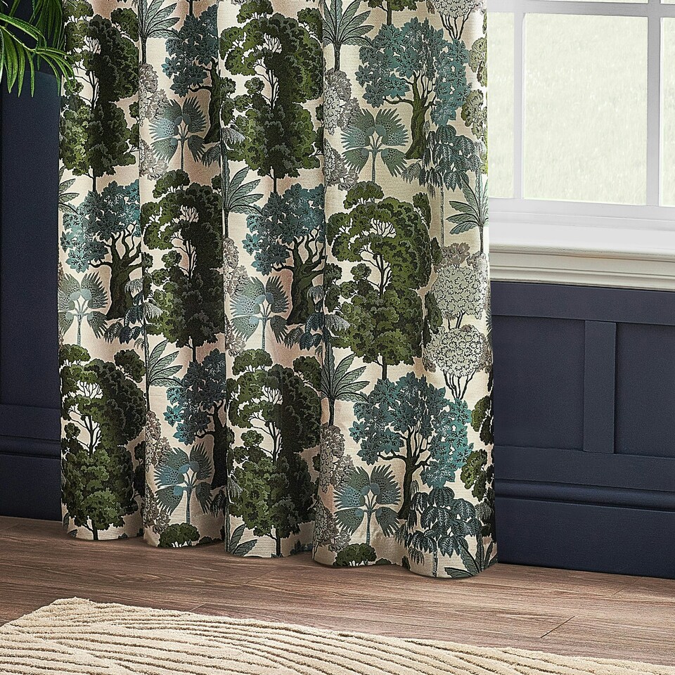 image 1 of Wylder Woodlands Floral Jacquard Green Eyelet Curtains (W)117cm x (D)137cm | Multi