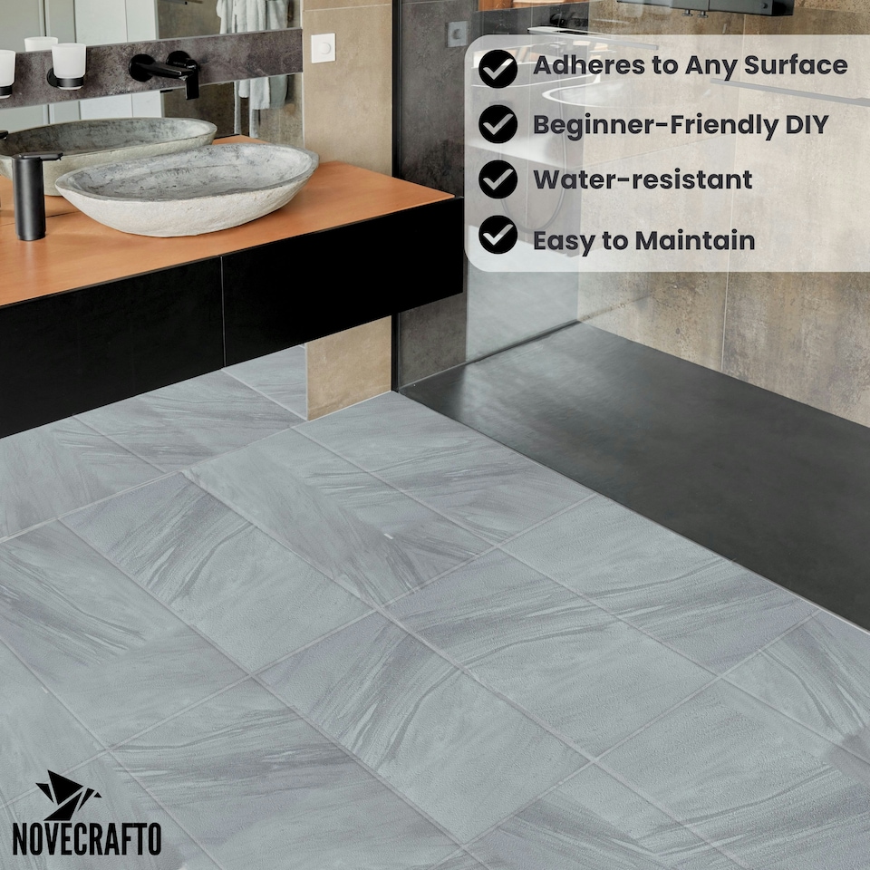image 1 of NOVECRAFTO Vinyl Floor Tiles Self Adhesive – 12x24in Peel and Stick Waterproof Rectangular Flooring for Kitchen & Bathroom – Grey White Marble Effect Grey | 5.57 sqm
