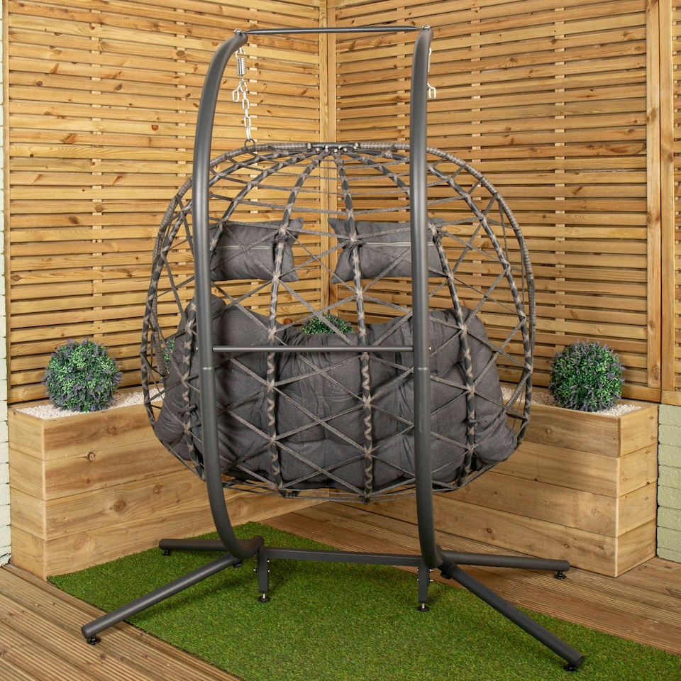 image 1 of Samuel Alexander 2 Seater Hanging Garden Rattan Egg Chair with Steel Frame and Waterproof Cover in Grey Grey