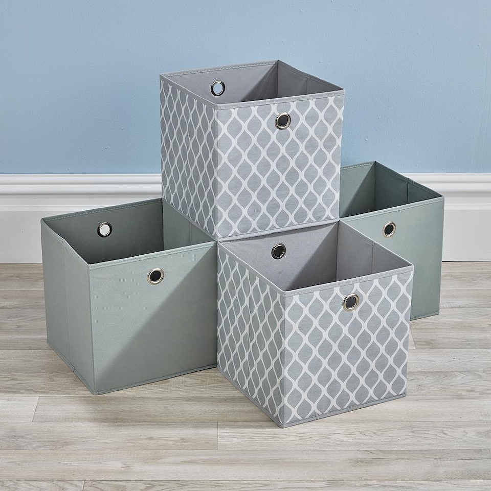 image 1 of Folding Square Storage Utility Box Drawer 4 Piece Fabric Cube Set | Grey | Grey Rain Drop