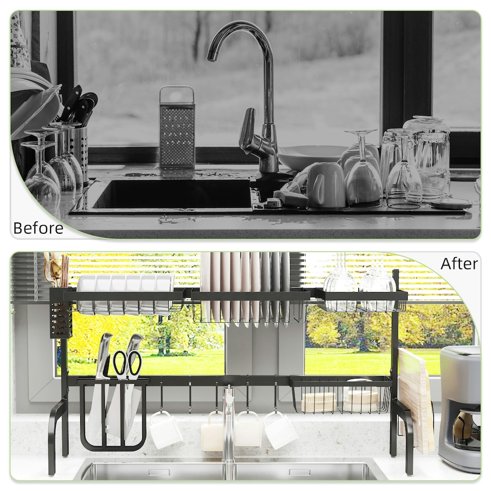 image 1 of HOMCOM Over The Sink Dish Drying Rack, 2 Tier Adjustable Dish Drainer Black