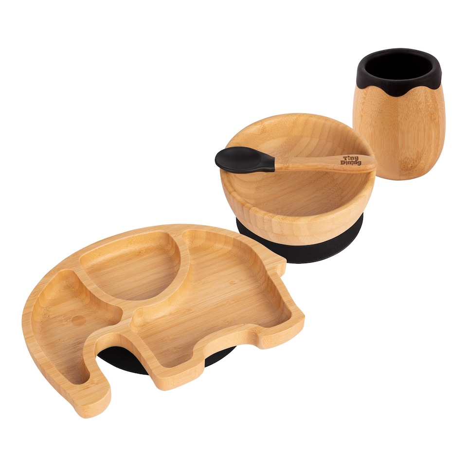 image 1 of Tiny Dining 4pc Elephant Bamboo Suction Baby Feeding Set - Black
