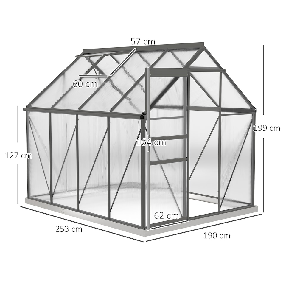 image 1 of Outsunny Polycarbonate Walk-in Garden Greenhouse w/ Sliding Door Dark Grey