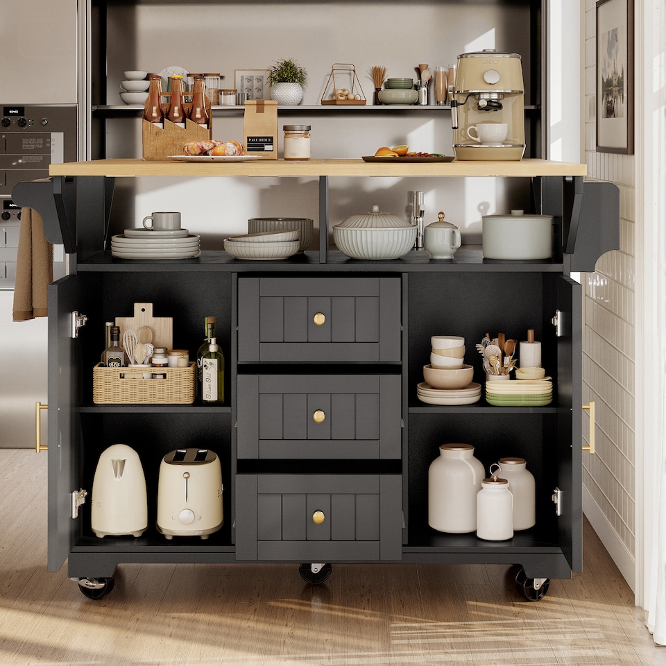 image 1 of VILUXE Kitchen island, cabinet, sideboard 120 x 40 (80) x 95 cm, extendable kitchen trolley with casters, extendable on both sides, with towel rail and spice rack, two doors, three drawers, black/white