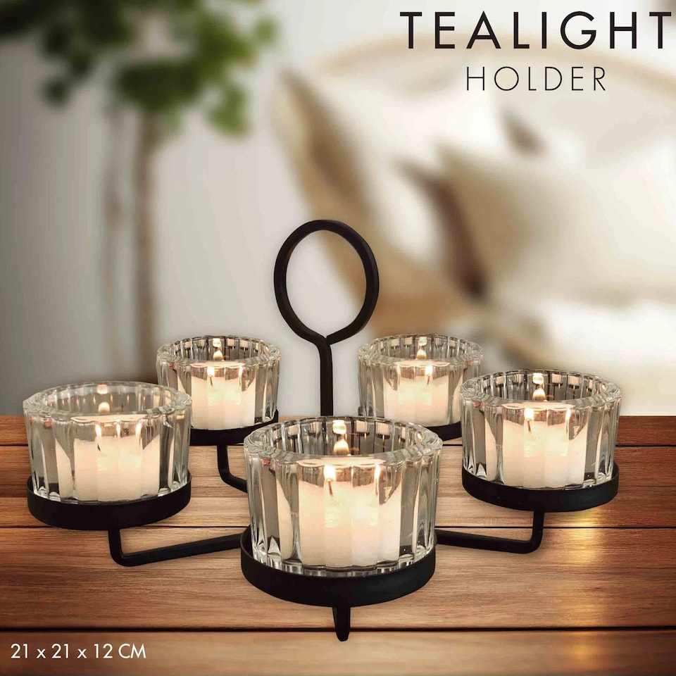image 1 of 5-Arm Glass & Black Metal Tea Light Candle Holder Candelabra Wedding Centrepiece