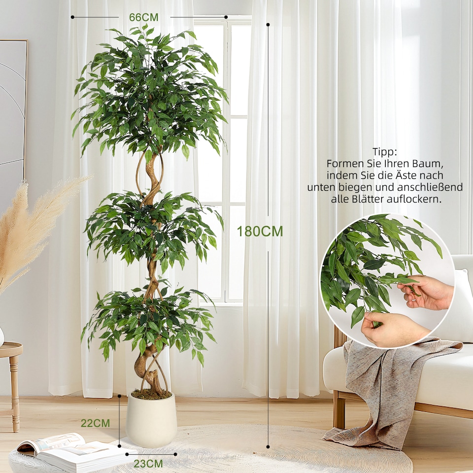 image 1 of London Boutique 180cm 6FT Artificial Ficus Tree Lifelike Faux Ficus Benjamina Plant Twisted Stem Weeping Fig