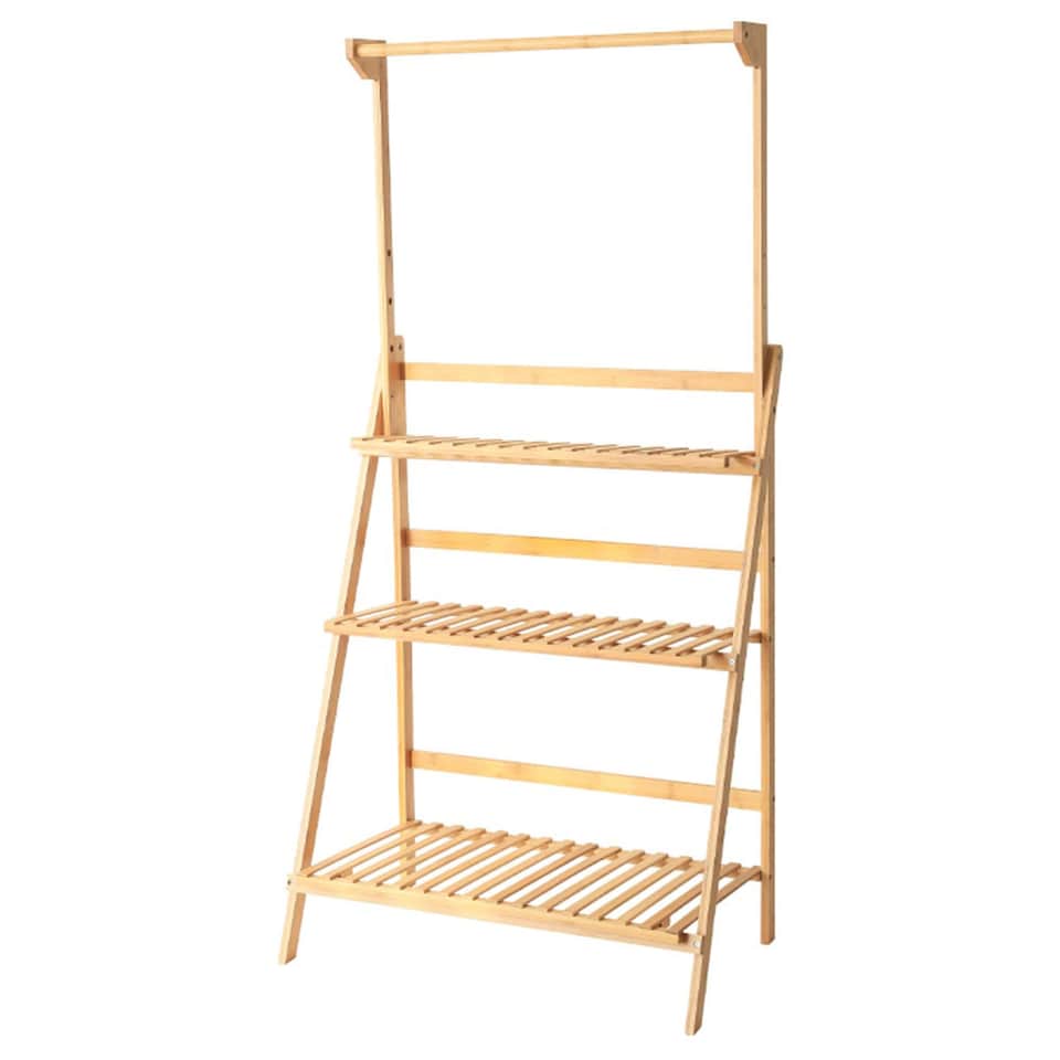 image 1 of Neo 3‑Tier Foldable Indoor & Outdoor Bamboo Plant Stand with Hanging Hook