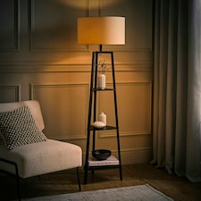 ValueLights Hiru Black 3 Tier Shelf Floor Lamp Natural Shade Cream