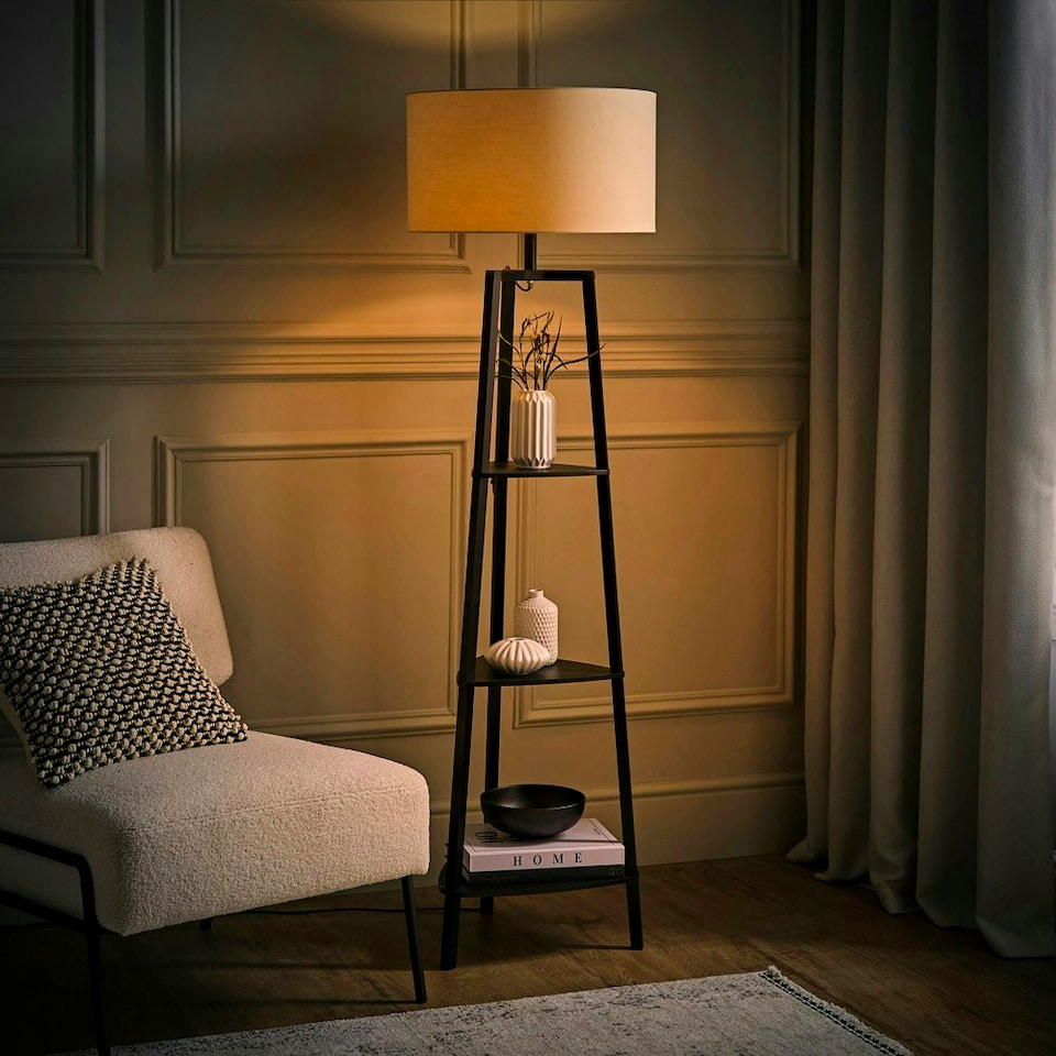 image 1 of ValueLights Hiru Black 3 Tier Shelf Floor Lamp Natural Shade Cream