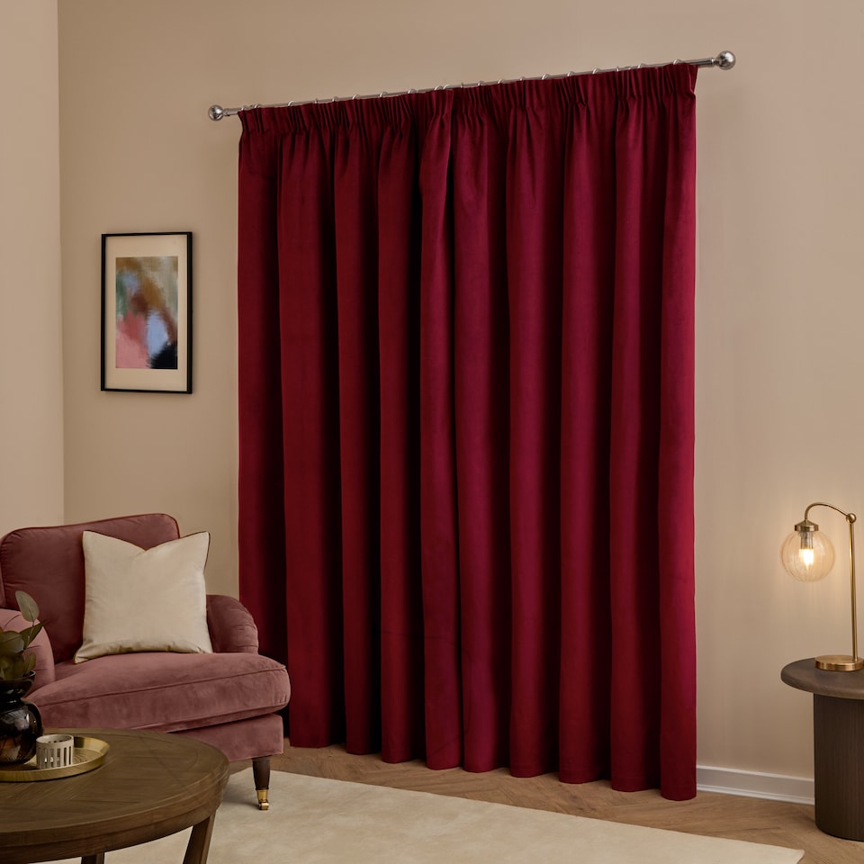 image 1 of furn. The Ultimate Velvet Blackout Pencil Pleat Curtain Pair, Burgundy, (W)168x (D)229cm | Red | Burgundy | One Size